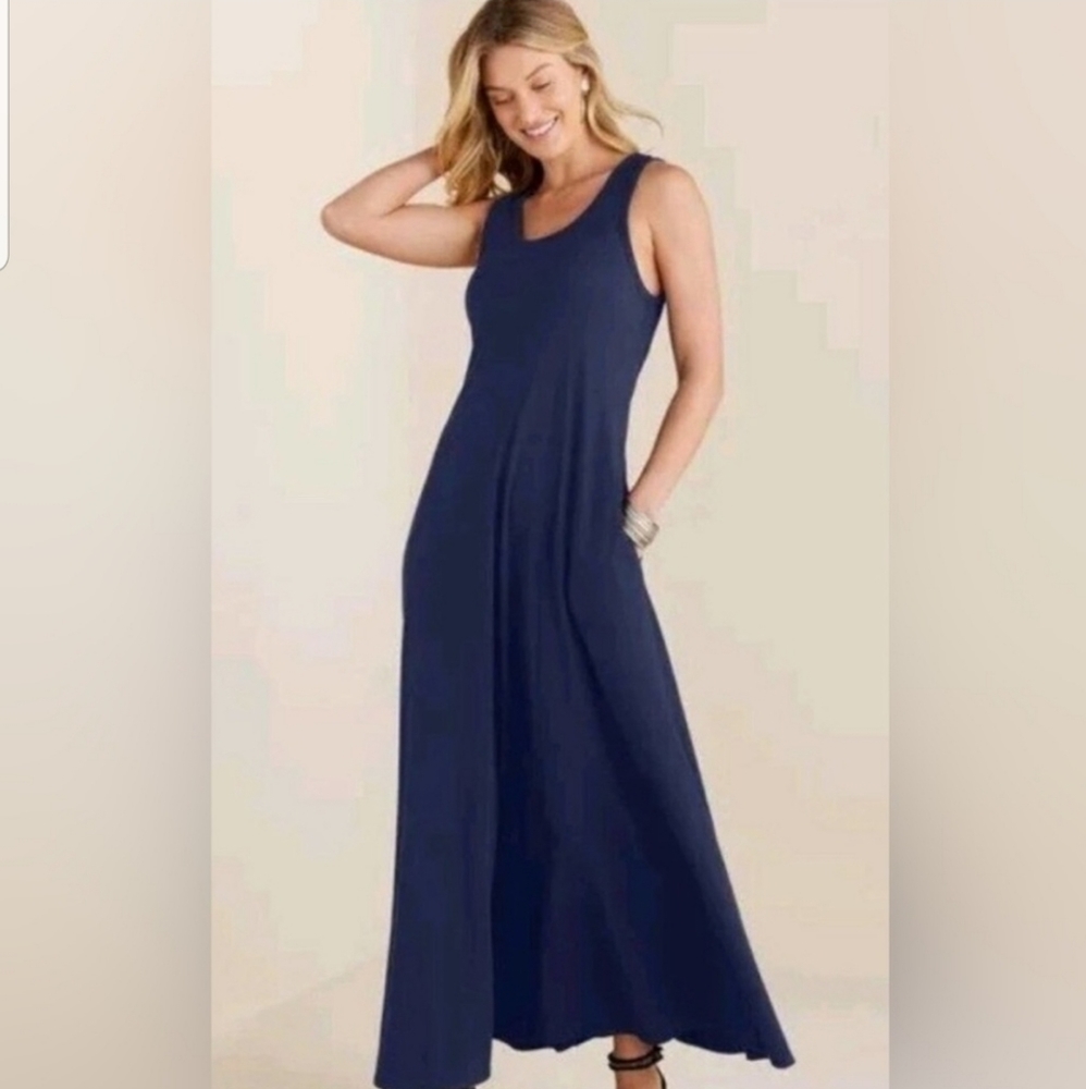 Soft Surroundings Santiago Maxi Flare Dress Navy Blue Summer Spring Pockets Sz S - Picture 1 of 9